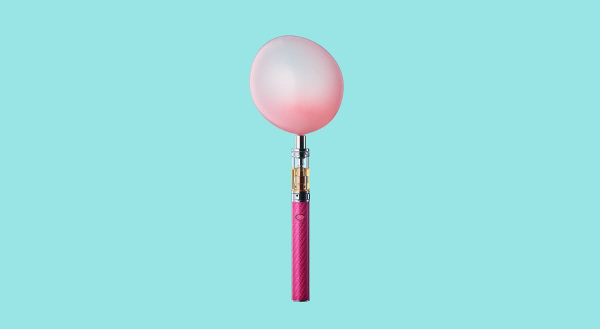 Image of a vape pen with a bubble gum bubble blown at it's tip